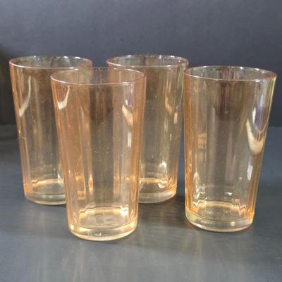 LOT 115: Vintage Jeannette Marigold Carnival Honeycomb Glass Pitcher With 4 Ribbed Tall Drinking Glasses