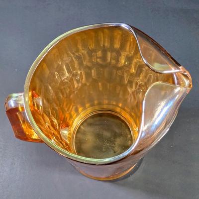 LOT 115: Vintage Jeannette Marigold Carnival Honeycomb Glass Pitcher With 4 Ribbed Tall Drinking Glasses