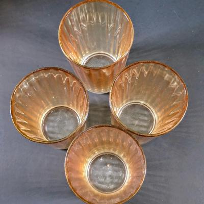LOT 115: Vintage Jeannette Marigold Carnival Honeycomb Glass Pitcher With 4 Ribbed Tall Drinking Glasses