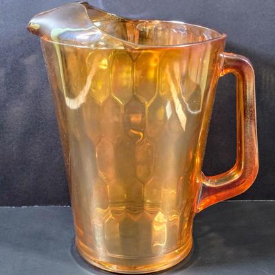 LOT 115: Vintage Jeannette Marigold Carnival Honeycomb Glass Pitcher With 4 Ribbed Tall Drinking Glasses
