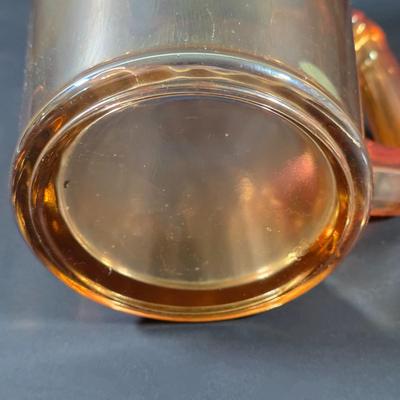 LOT 115: Vintage Jeannette Marigold Carnival Honeycomb Glass Pitcher With 4 Ribbed Tall Drinking Glasses