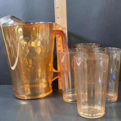 LOT 115: Vintage Jeannette Marigold Carnival Honeycomb Glass Pitcher With 4 Ribbed Tall Drinking Glasses