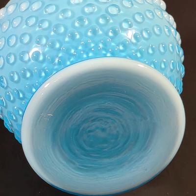 LOT 116: 2 Small Vintage Fenton Ruffled Hobnail Art Glass Vases, Aqua & Cranberry/White & 1 Kanawha White/Blue Small Hobnail Vase