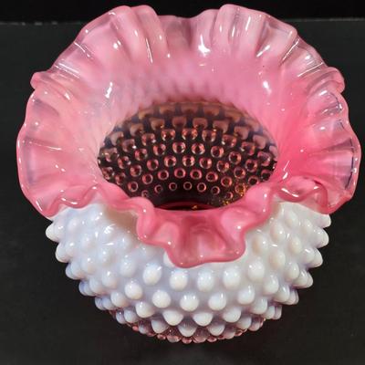 LOT 116: 2 Small Vintage Fenton Ruffled Hobnail Art Glass Vases, Aqua & Cranberry/White & 1 Kanawha White/Blue Small Hobnail Vase
