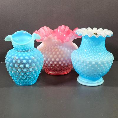LOT 116: 2 Small Vintage Fenton Ruffled Hobnail Art Glass Vases, Aqua & Cranberry/White & 1 Kanawha White/Blue Small Hobnail Vase
