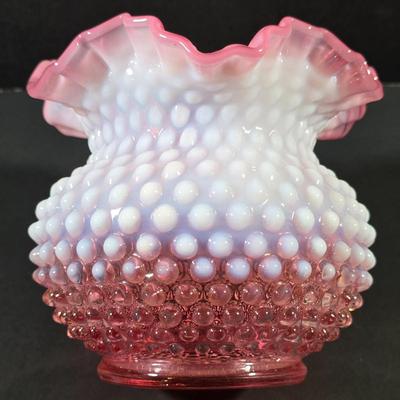 LOT 116: 2 Small Vintage Fenton Ruffled Hobnail Art Glass Vases, Aqua & Cranberry/White & 1 Kanawha White/Blue Small Hobnail Vase