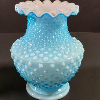 LOT 116: 2 Small Vintage Fenton Ruffled Hobnail Art Glass Vases, Aqua & Cranberry/White & 1 Kanawha White/Blue Small Hobnail Vase