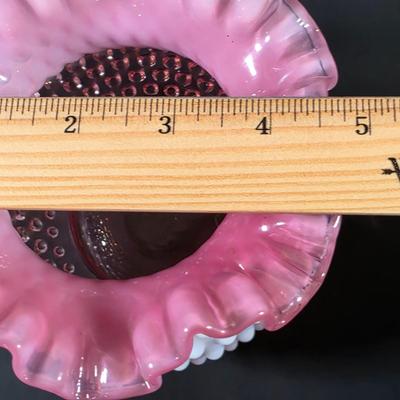 LOT 116: 2 Small Vintage Fenton Ruffled Hobnail Art Glass Vases, Aqua & Cranberry/White & 1 Kanawha White/Blue Small Hobnail Vase