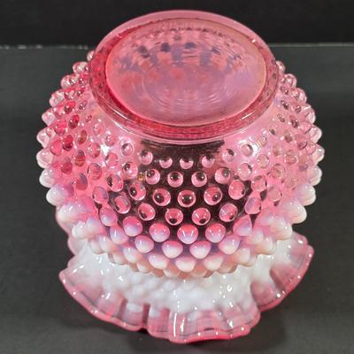 LOT 116: 2 Small Vintage Fenton Ruffled Hobnail Art Glass Vases, Aqua & Cranberry/White & 1 Kanawha White/Blue Small Hobnail Vase