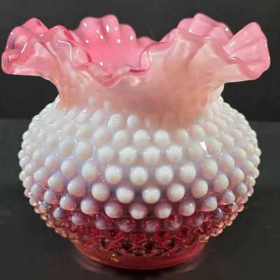 LOT 116: 2 Small Vintage Fenton Ruffled Hobnail Art Glass Vases, Aqua & Cranberry/White & 1 Kanawha White/Blue Small Hobnail Vase