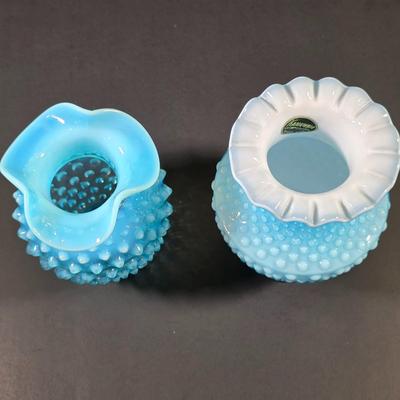 LOT 116: 2 Small Vintage Fenton Ruffled Hobnail Art Glass Vases, Aqua & Cranberry/White & 1 Kanawha White/Blue Small Hobnail Vase