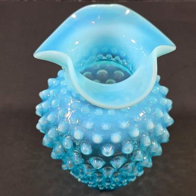 LOT 116: 2 Small Vintage Fenton Ruffled Hobnail Art Glass Vases, Aqua & Cranberry/White & 1 Kanawha White/Blue Small Hobnail Vase