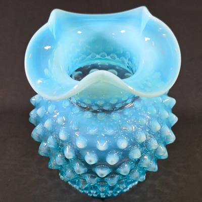 LOT 116: 2 Small Vintage Fenton Ruffled Hobnail Art Glass Vases, Aqua & Cranberry/White & 1 Kanawha White/Blue Small Hobnail Vase