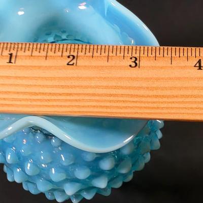 LOT 116: 2 Small Vintage Fenton Ruffled Hobnail Art Glass Vases, Aqua & Cranberry/White & 1 Kanawha White/Blue Small Hobnail Vase