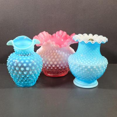LOT 116: 2 Small Vintage Fenton Ruffled Hobnail Art Glass Vases, Aqua & Cranberry/White & 1 Kanawha White/Blue Small Hobnail Vase