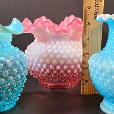 LOT 116: 2 Small Vintage Fenton Ruffled Hobnail Art Glass Vases, Aqua & Cranberry/White & 1 Kanawha White/Blue Small Hobnail Vase