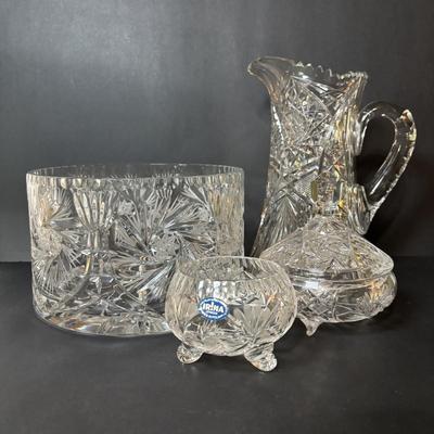 LOT 117: Vintage American Brilliant Period Cut Crystal Pitcher, Hand Cut Crystal Open Footed Bowl Made In Poland, Beautiful Bohemian Cut...