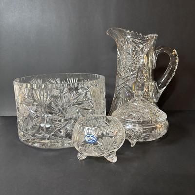 LOT 117: Vintage American Brilliant Period Cut Crystal Pitcher, Hand Cut Crystal Open Footed Bowl Made In Poland, Beautiful Bohemian Cut...