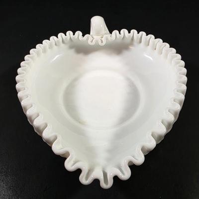LOT 119: Vintage Dresden Rose Vase, Japanese Royal Swan Vase, Fenton Milk Glass Hobnail Heart Dish, Hobnail Centerpiece Footed Bowl &...