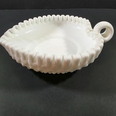 LOT 119: Vintage Dresden Rose Vase, Japanese Royal Swan Vase, Fenton Milk Glass Hobnail Heart Dish, Hobnail Centerpiece Footed Bowl &...