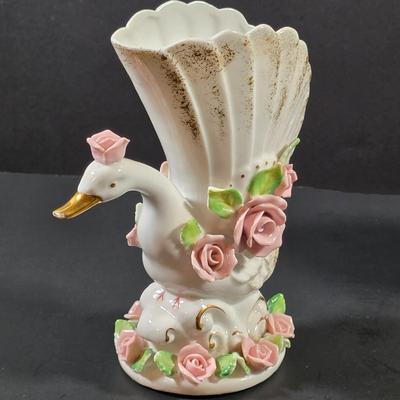 LOT 119: Vintage Dresden Rose Vase, Japanese Royal Swan Vase, Fenton Milk Glass Hobnail Heart Dish, Hobnail Centerpiece Footed Bowl &...