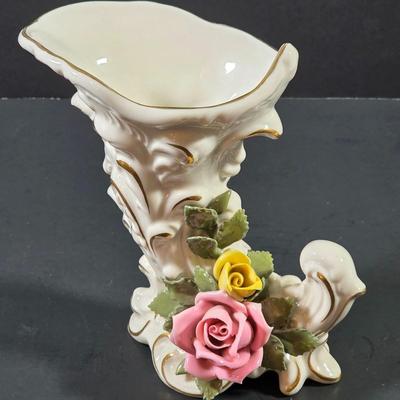 LOT 119: Vintage Dresden Rose Vase, Japanese Royal Swan Vase, Fenton Milk Glass Hobnail Heart Dish, Hobnail Centerpiece Footed Bowl &...