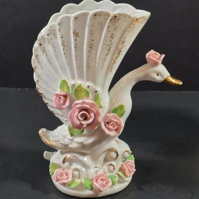 LOT 119: Vintage Dresden Rose Vase, Japanese Royal Swan Vase, Fenton Milk Glass Hobnail Heart Dish, Hobnail Centerpiece Footed Bowl &...