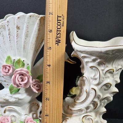 LOT 119: Vintage Dresden Rose Vase, Japanese Royal Swan Vase, Fenton Milk Glass Hobnail Heart Dish, Hobnail Centerpiece Footed Bowl &...