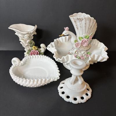 LOT 119: Vintage Dresden Rose Vase, Japanese Royal Swan Vase, Fenton Milk Glass Hobnail Heart Dish, Hobnail Centerpiece Footed Bowl &...