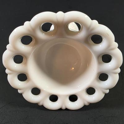 LOT 119: Vintage Dresden Rose Vase, Japanese Royal Swan Vase, Fenton Milk Glass Hobnail Heart Dish, Hobnail Centerpiece Footed Bowl &...