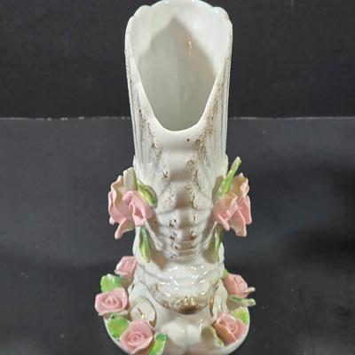 LOT 119: Vintage Dresden Rose Vase, Japanese Royal Swan Vase, Fenton Milk Glass Hobnail Heart Dish, Hobnail Centerpiece Footed Bowl &...