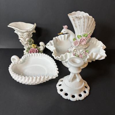 LOT 119: Vintage Dresden Rose Vase, Japanese Royal Swan Vase, Fenton Milk Glass Hobnail Heart Dish, Hobnail Centerpiece Footed Bowl &...