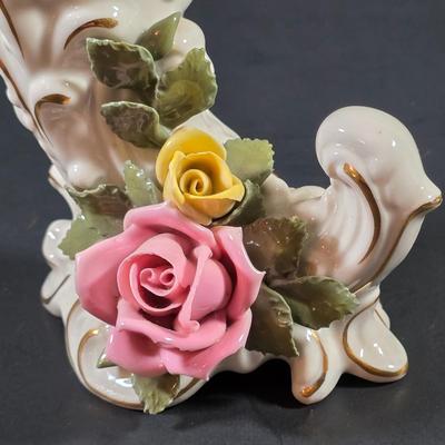LOT 119: Vintage Dresden Rose Vase, Japanese Royal Swan Vase, Fenton Milk Glass Hobnail Heart Dish, Hobnail Centerpiece Footed Bowl &...