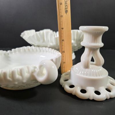 LOT 119: Vintage Dresden Rose Vase, Japanese Royal Swan Vase, Fenton Milk Glass Hobnail Heart Dish, Hobnail Centerpiece Footed Bowl &...