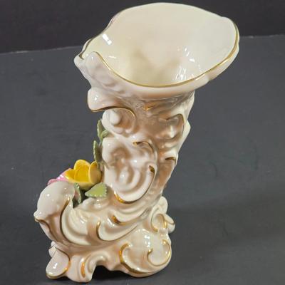 LOT 119: Vintage Dresden Rose Vase, Japanese Royal Swan Vase, Fenton Milk Glass Hobnail Heart Dish, Hobnail Centerpiece Footed Bowl &...