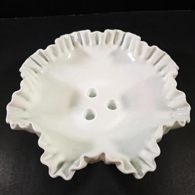 LOT 119: Vintage Dresden Rose Vase, Japanese Royal Swan Vase, Fenton Milk Glass Hobnail Heart Dish, Hobnail Centerpiece Footed Bowl &...