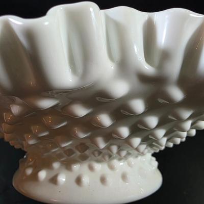 LOT 119: Vintage Dresden Rose Vase, Japanese Royal Swan Vase, Fenton Milk Glass Hobnail Heart Dish, Hobnail Centerpiece Footed Bowl &...