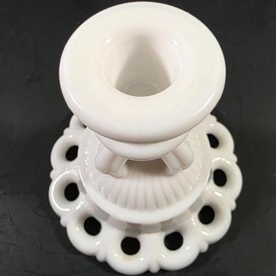 LOT 119: Vintage Dresden Rose Vase, Japanese Royal Swan Vase, Fenton Milk Glass Hobnail Heart Dish, Hobnail Centerpiece Footed Bowl &...