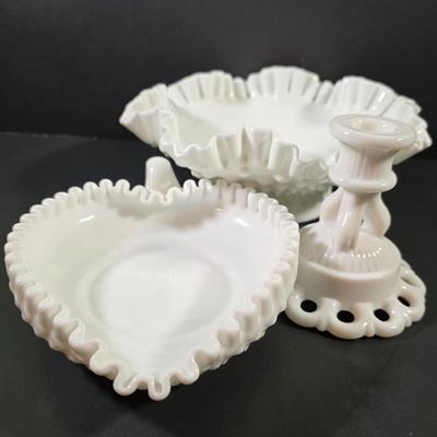 LOT 119: Vintage Dresden Rose Vase, Japanese Royal Swan Vase, Fenton Milk Glass Hobnail Heart Dish, Hobnail Centerpiece Footed Bowl &...