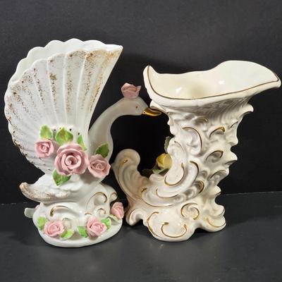 LOT 119: Vintage Dresden Rose Vase, Japanese Royal Swan Vase, Fenton Milk Glass Hobnail Heart Dish, Hobnail Centerpiece Footed Bowl &...
