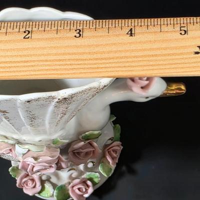 LOT 119: Vintage Dresden Rose Vase, Japanese Royal Swan Vase, Fenton Milk Glass Hobnail Heart Dish, Hobnail Centerpiece Footed Bowl &...