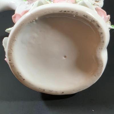 LOT 119: Vintage Dresden Rose Vase, Japanese Royal Swan Vase, Fenton Milk Glass Hobnail Heart Dish, Hobnail Centerpiece Footed Bowl &...