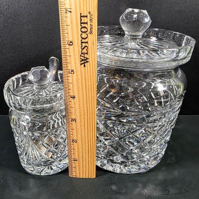 LOT 122: Waterford Crystal Lidded Sugar Bowl w/Sterling Silver Spoon & Waterford Lidded Biscuit Jar, Along With 6 Crystal Knife Rests