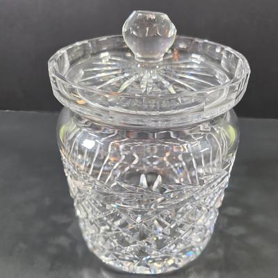 LOT 122: Waterford Crystal Lidded Sugar Bowl w/Sterling Silver Spoon & Waterford Lidded Biscuit Jar, Along With 6 Crystal Knife Rests