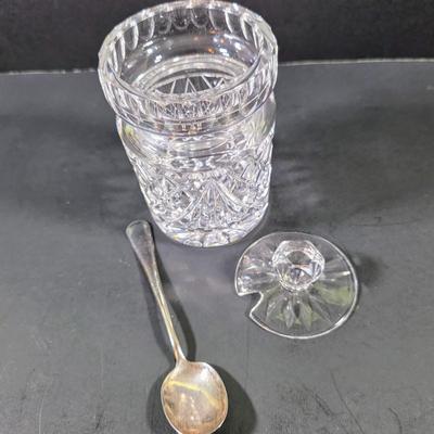 LOT 122: Waterford Crystal Lidded Sugar Bowl w/Sterling Silver Spoon & Waterford Lidded Biscuit Jar, Along With 6 Crystal Knife Rests