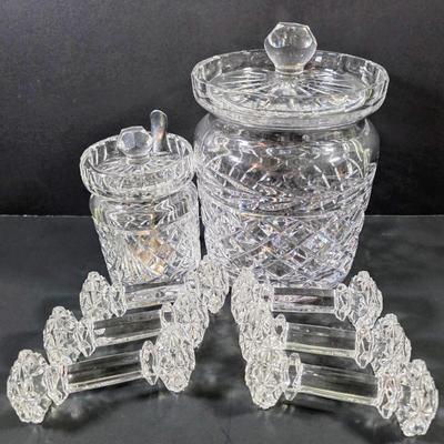 LOT 122: Waterford Crystal Lidded Sugar Bowl w/Sterling Silver Spoon & Waterford Lidded Biscuit Jar, Along With 6 Crystal Knife Rests