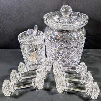 LOT 122: Waterford Crystal Lidded Sugar Bowl w/Sterling Silver Spoon & Waterford Lidded Biscuit Jar, Along With 6 Crystal Knife Rests