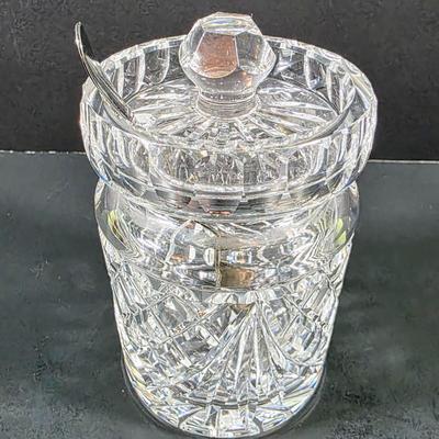 LOT 122: Waterford Crystal Lidded Sugar Bowl w/Sterling Silver Spoon & Waterford Lidded Biscuit Jar, Along With 6 Crystal Knife Rests