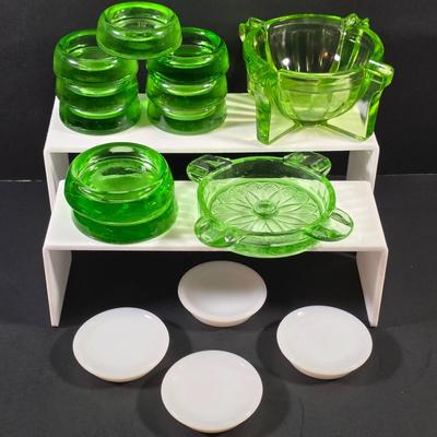 LOT 123: Vintage Uranium Items, 2 Large & 7 Small Furniture Sliders, Sunflower Ashtray, Art Deco Ashtray & 4 Small Fire King Dishes