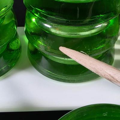 LOT 123: Vintage Uranium Items, 2 Large & 7 Small Furniture Sliders, Sunflower Ashtray, Art Deco Ashtray & 4 Small Fire King Dishes